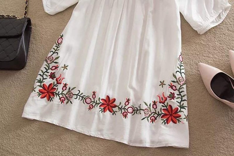 Kafeimali Summer Dress V Neck Mexican Embroidered Peasant Women's Dressy Tops Blouses (White) - Image 5